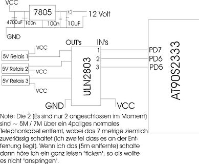 Schaltplan mit Spannungsregler, ULN2803 und AT90S2333