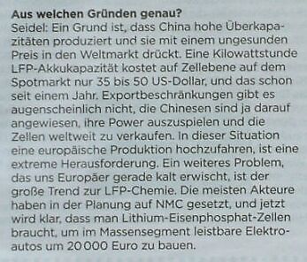 Textausschnitt über LFP-Akkukapazitäten und Marktsituation
