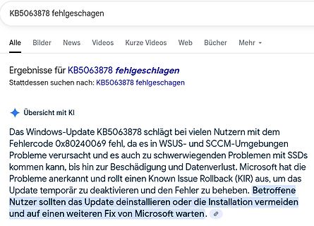 Google-Suchergebnisse zu Windows-Update KB5063878 Fehlermeldung
