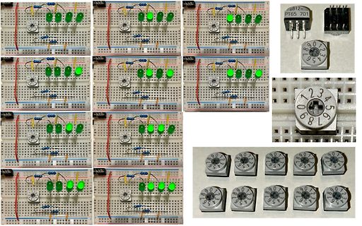 Verschiedene Aufnahmen von Breadboard-Schaltungen und PT65 701 Bauteilen