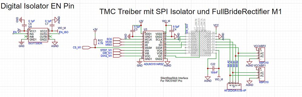Schaltplan TMC Treiber mit SPI Isolator und FullBridgeRectifier