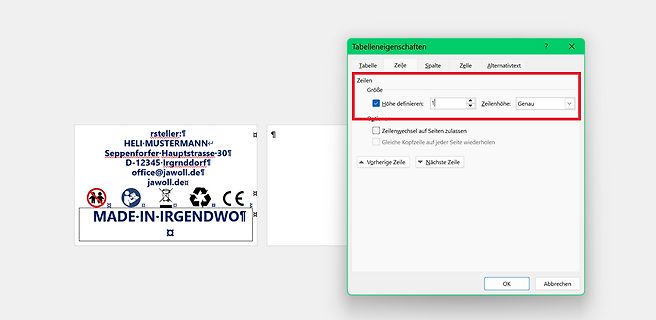 Screenshot eines Tabelleneigenschaften-Dialogfensters