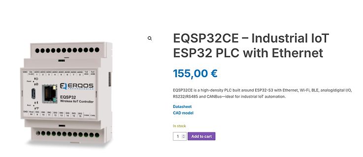 Produktseite eines EQSP32CE Industrial IoT ESP32 PLC