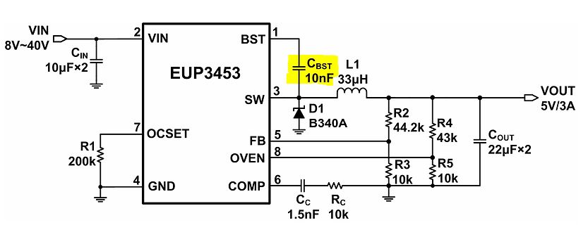 Schaltplan eines EUP3453 Step-Down-Wandlers