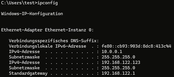 Windows ipconfig Befehlsergebnis