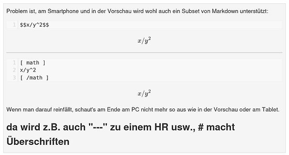 Screenshot eines Forenbeitrags über Markdown-Darstellung