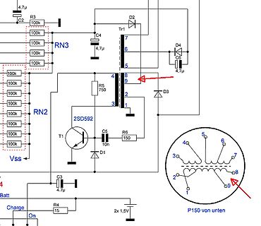 Schaltplan mit Transistor Tr1 und Widerstandsnetzwerken