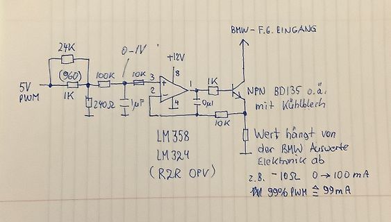 Handgezeichneter Schaltplan mit Operationsverstärker und NPN-Transistor