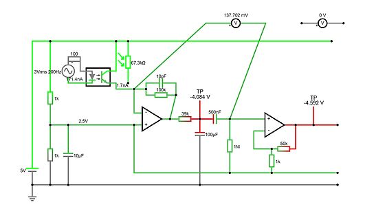 Elektronischer Schaltplan mit Operationsverstärkern und Messwerten