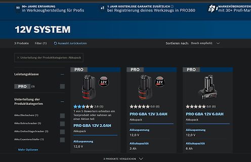 Webseite mit Bosch 12V Akku-Produkten