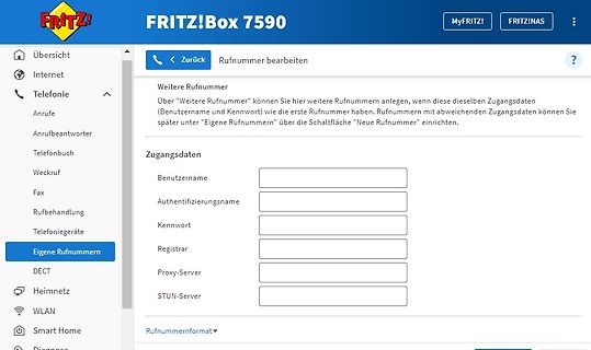 Benutzeroberfläche FRITZ!Box 7590 zur Rufnummernverwaltung