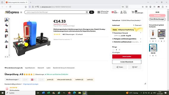 AliExpress Produktseite für ein elektromagnetisches Induktionsexperiment