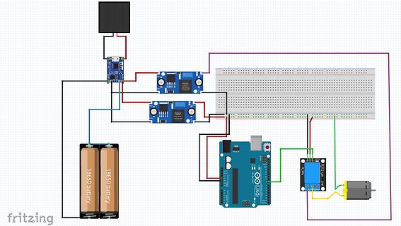Fritzing-Schaltplan eines Arduino-Aufbaus mit Motortreiber und Batterien