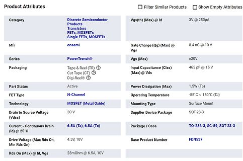 Produkteigenschaften Tabelle eines MOSFETs