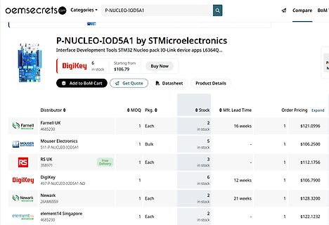 Webseite von oemsecrets.com mit Preisvergleich für P-NUCLEO-IOD5A1
