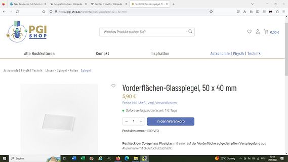 Webseite eines Online-Shops für einen Glasspiegel
