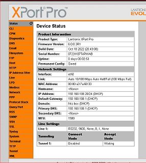 Webinterface Statusseite eines Lantronix XPort Pro