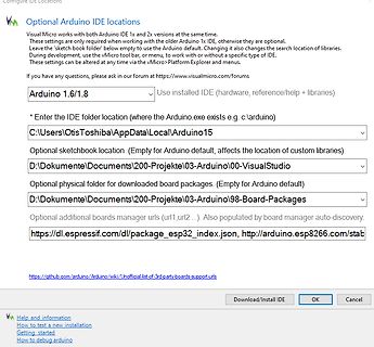 Einstellungen für Arduino IDE Pfade in vMicro