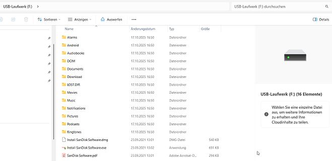 Dateimanager Ansicht eines USB-Laufwerks