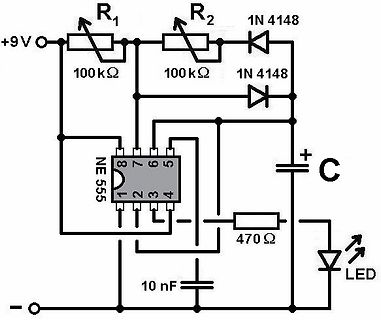 Schaltplan eines NE555 Blinkers mit LED