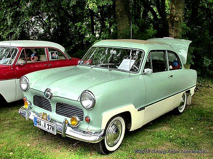Zweifarbiger Oldtimer auf Wiese