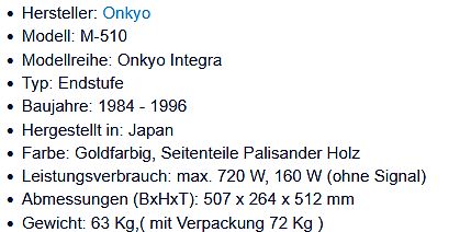 Technische Daten Onkyo M-510 Endstufe
