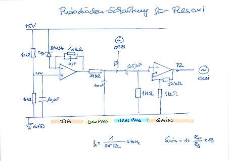 Handgezeichneter Schaltplan einer Photodiode-Schaltung für Pulsoxi