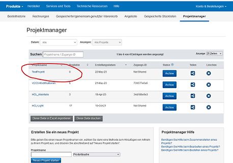 Screenshot einer Projektmanagement-Webseite