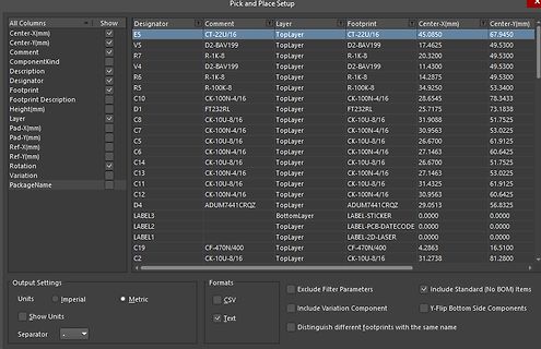 Pick and Place Setup Tabelle