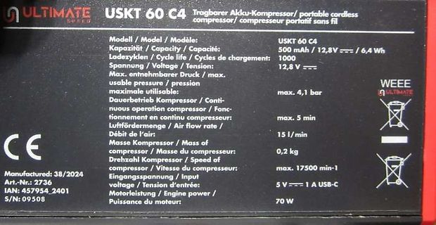 Technische Daten eines Akku-Kompressors
