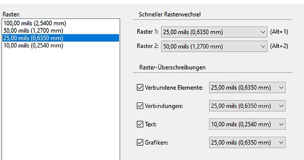 Einstellungen für Rasterwerte in einer Software