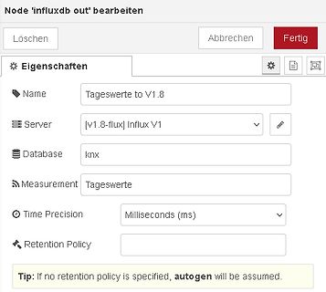 Einstellungsfenster für InfluxDB Node