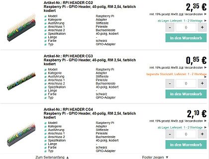 Webshop-Einträge für Raspberry Pi GPIO Header