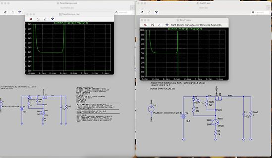 Zwei Fenster mit LTspice Schaltplan und Simulationsergebnissen
