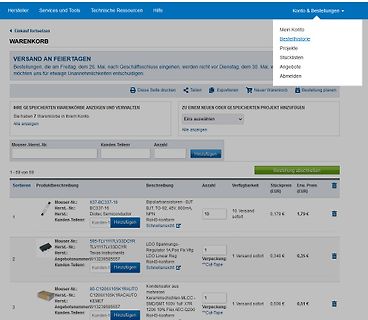 Warenkorb eines Online-Shops für Elektronikbauteile