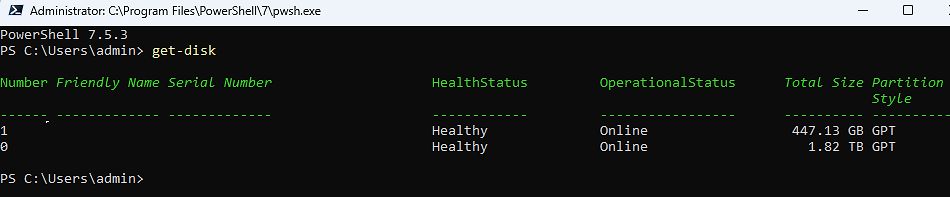 PowerShell get-disk Befehl Ergebnis