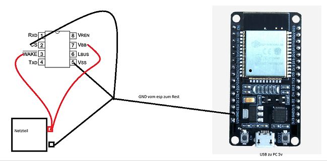Verdrahtung zwischen ESP32 und Netzteil/Chip