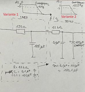 Handgezeichnete Schaltpläne und Frequenzdiagramme