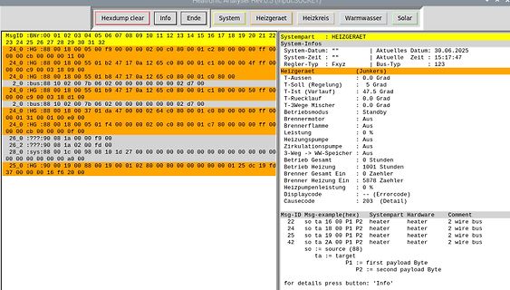 Software-Screenshot einer Heizungssteuerung mit Hexadezimal-Daten