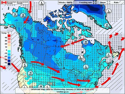 Wetterkarte mit Jetstream und Temperatur für Kanada