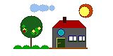 Pixelart Zeichnung von Haus, Baum und Sonne