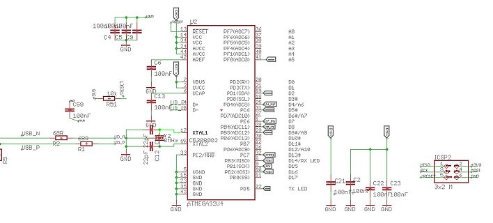 Schaltplan eines ATmega32U4 Mikrocontrollers