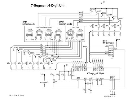 Schaltplan einer 7-Segment 6-Digit Uhr
