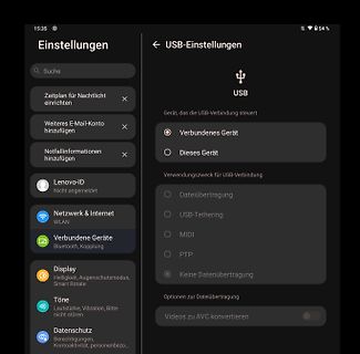 Android USB-Einstellungen Menü