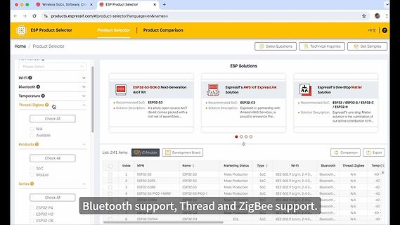 Screenshot des Espressif Product Selectors