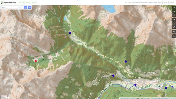 OpenStreetMap-Kartenausschnitt einer Gebirgsregion