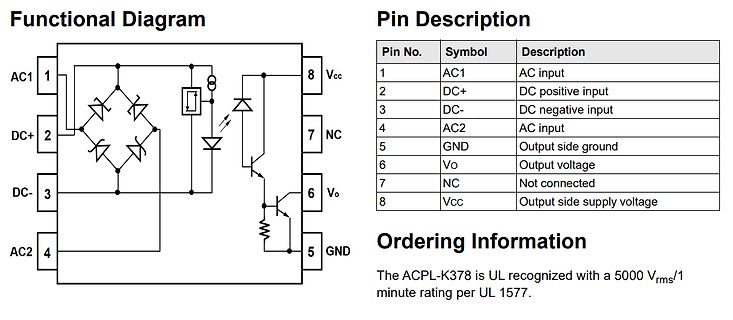 Datenblatt Ausschnitt ACPL-K378 Funktionsdiagramm und Pinbelegung