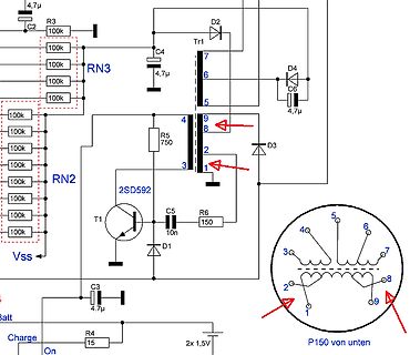 Ausschnitt eines Schaltplans mit Transistor Tr1 und Pinbelegung P150