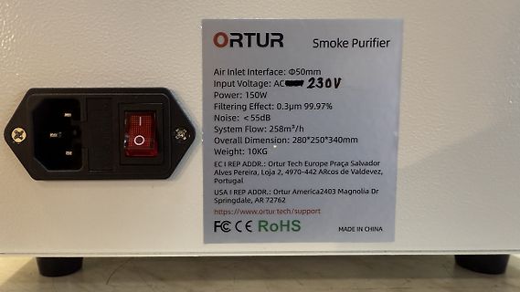 Typenschild eines Ortur Smoke Purifiers