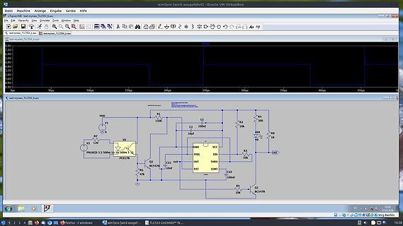 Screenshot einer LTspice Simulation mit Oszillogramm und Schaltplan